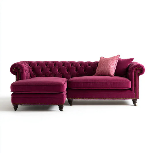 Divano Chesterfield angolare 3 posti bordeaux in velluto di poliestere con chaise longue sinistra 250 x 160 x 78 cm