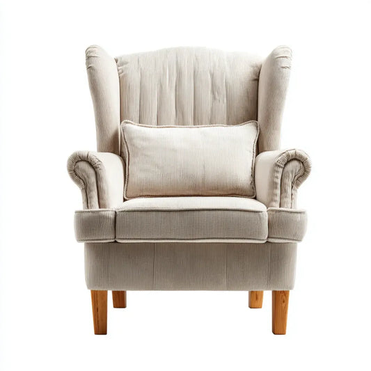 Poltrona a orecchioni beige in velluto a coste con cuscino 85 x 90 x 105 cm