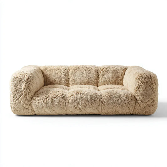 Divano 3 posti beige in poliestere effetto pelliccia sintetica dalla forma arrotondata 220 x 100 x 75 cm