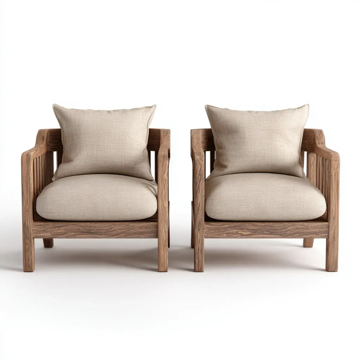 Set 2 Poltrone da Soggiorno Beige in Rovere Massello e Poliestere Rettangolari 72 x 75 x 78 cm
