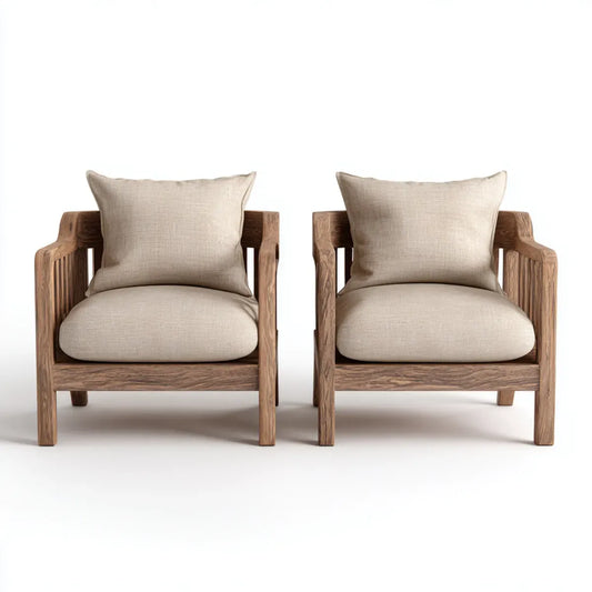 Set 2 Poltrone da Soggiorno Beige in Rovere Massello e Poliestere Rettangolari 72 x 75 x 78 cm